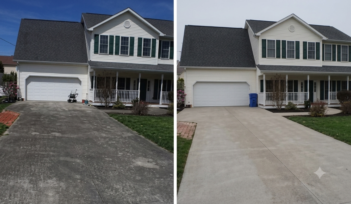 Driveway pressure washing before and after